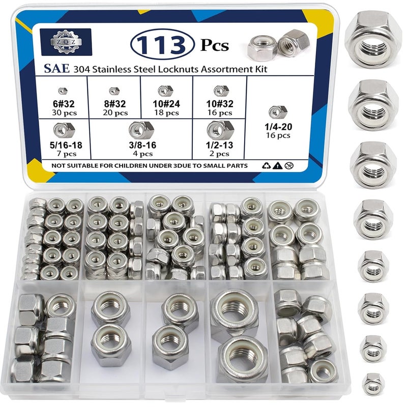 ZQZ 113 Pack Lock Nuts Assortment Kit, 6#32 8#32 10#24 10#32 5/16-18 3/8-16 1/2-13 1/4-20 SAE Nylon Insert Hex Locknuts Sets, 304 Stainless Steel Standard Inch Threaded Nylock Nuts - Image 1